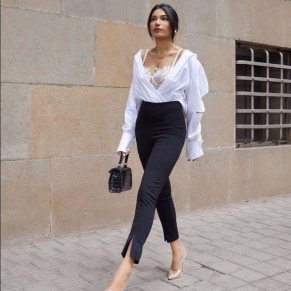 MODA ME COUTURE Pants - Slit flared dress pants high waist minimalist